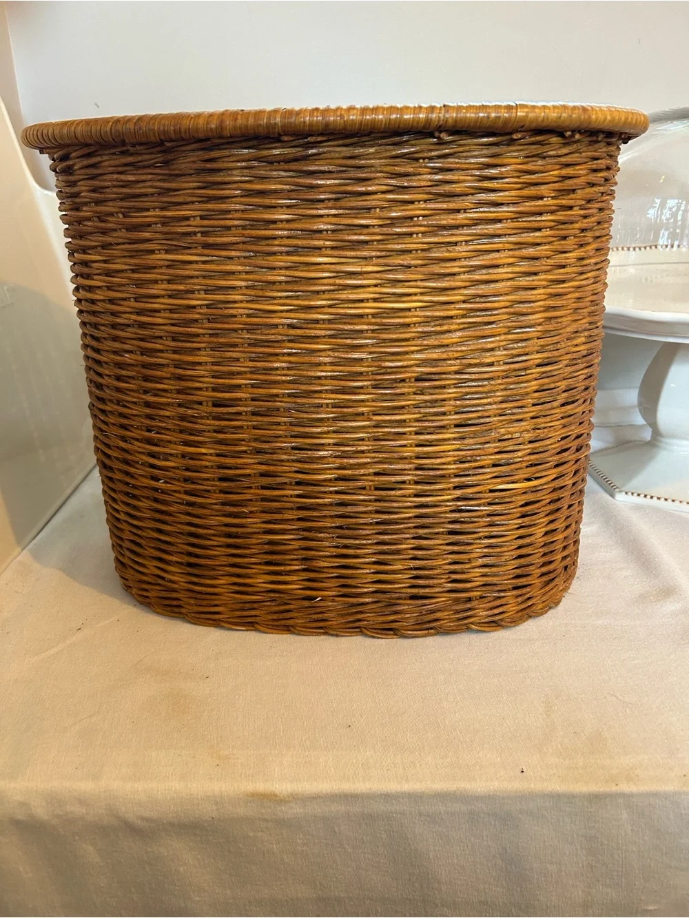 Woven Rattan Storage Basket with rope trim - Brown, trash can
